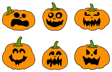 A set of six pumpkins with scary and funny faces in orange and green. Vector illustration perfect for Halloween designs and decorations.