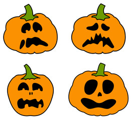 A collection of four orange pumpkins with varied spooky and funny facial expressions. Vector illustration for Halloween crafts and decorations.