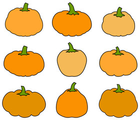 A collection of nine plain pumpkins in different shades of orange. Vector illustration perfect for autumn and Halloween decorations.