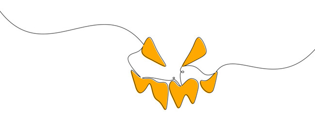 A minimalist line art drawing of a spooky face featuring sharp eyes and jagged orange teeth. Vector illustration for Halloween-themed or abstract designs.