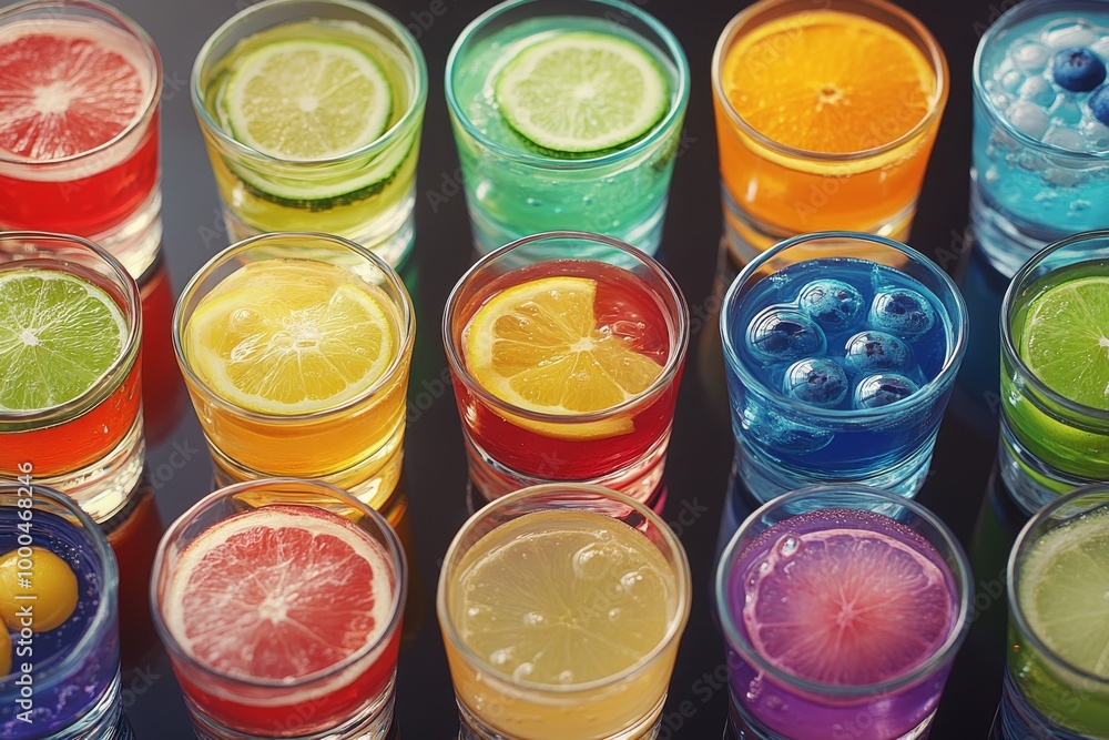 Poster rainbow colored jello shots with fruit slices arranged in a grid pattern on a reflective surface cre