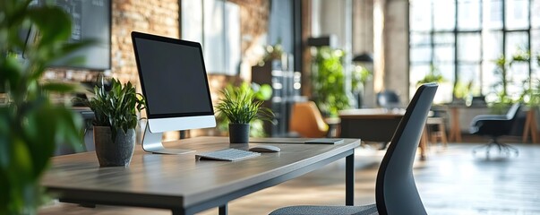 A modern workspace featuring a wooden desk, computer, and indoor plants, creating a comfortable and inspiring environment.