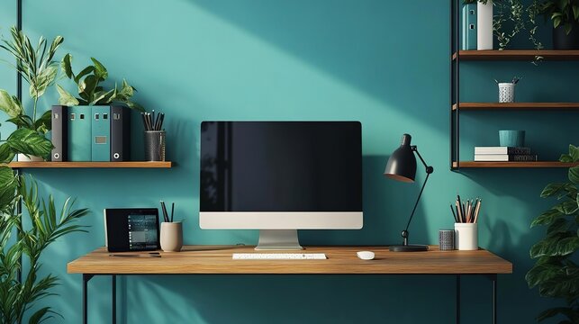 Modern workspace featuring a sleek computer, plants, and decorative shelves against a vibrant teal wall.