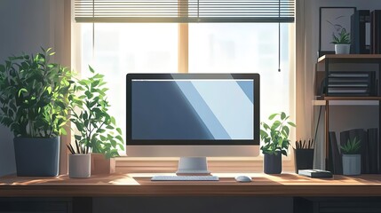 A serene workspace featuring a computer, plants, and natural light, ideal for enhancing productivity and inspiration.