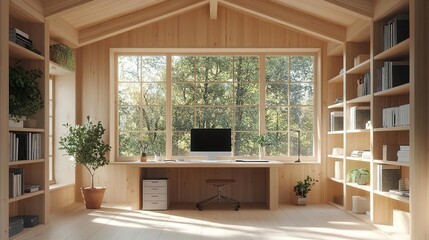 A serene home office with large windows, natural light, wooden shelves, and a cozy atmosphere for productivity.
