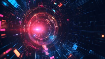 Fototapeta premium Abstract futuristic tunnel with glowing neon lights and digital elements.