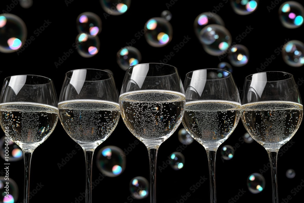 Aufkleber four champagne flutes with floating bubbles arranged in a row against a black background emphasizing