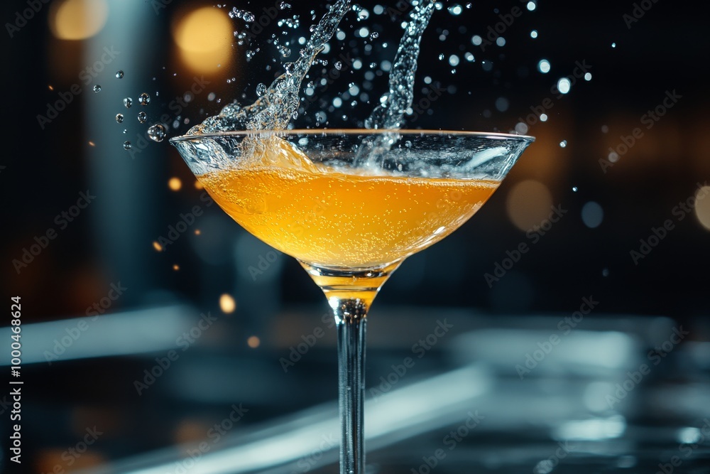 Poster martini glass filled with an orange cocktail splashing as it hits the bar counter set against a dark