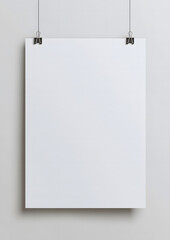 Blank Poster Hanging with Binder Clips on White Wall - Minimalist Design