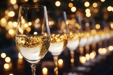 Champagne flute filled with sparkling bubbles set against a bokeh lit backdrop highlighting a luxurious and celebratory evening with elegant festive vibes