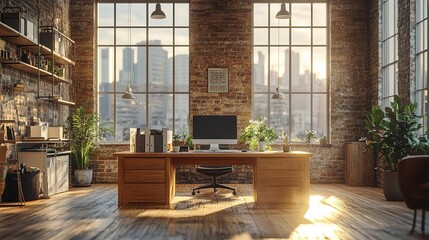 Stylish office interior with large windows, wooden desk, plants, and a view of the city skyline. Ideal for modern workspace.