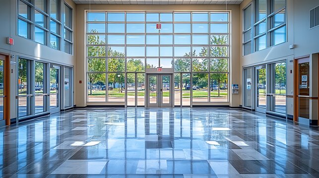 Modern office lobby with large glass windows and tiled floor