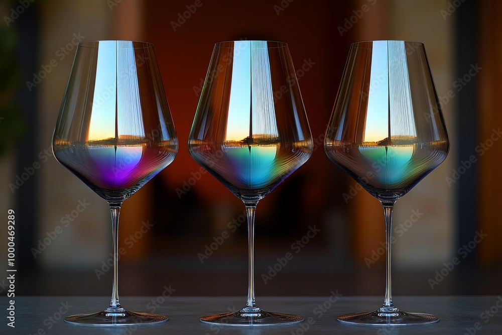 Poster three iridescent wine glasses set on a dark bar counter reflecting soft light creating a sleek and f