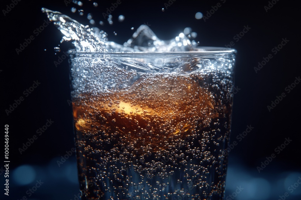 Poster sparkling cola in a glass with ice the bubbles fizzing to the top captured mid splash against a dark