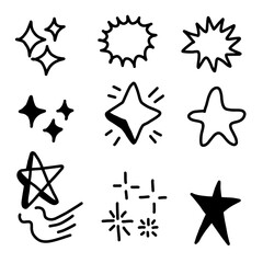 Set of hand drawn star and sparkle effect drawing illustrations in cartoon and doodle style.