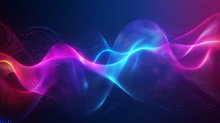 Fototapeta premium Abstract wave of glowing particles in blue and purple colors on a dark background.