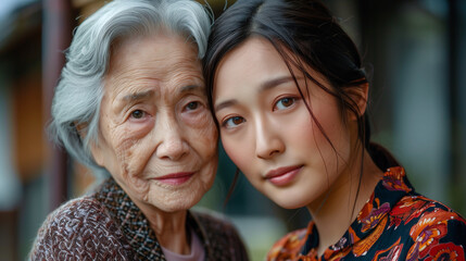 Portrait of elderly woman and young asian girl. Grandmother's wrinkled face contrasts granddaughter's smooth skin. Intimate family image captures generational differences and deep emotional connection