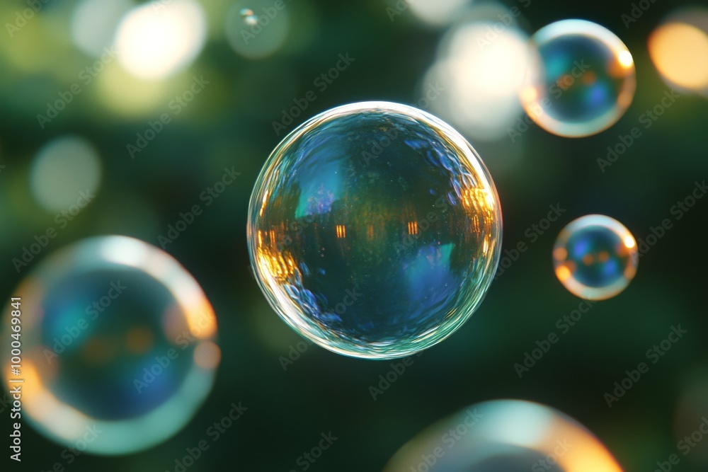 Poster iridescent bubbles floating in front of a bokeh lit background capturing a dreamy and magical ambian