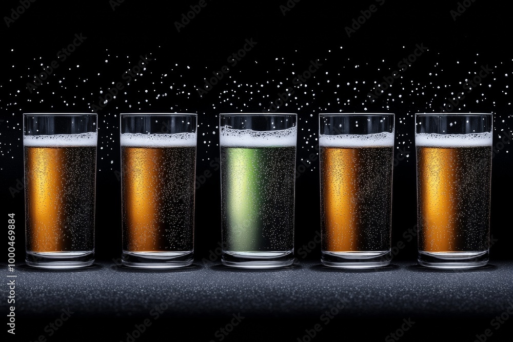 Poster four pint glasses filled with frothy amber beer lined up in a row on a black surface capturing the r