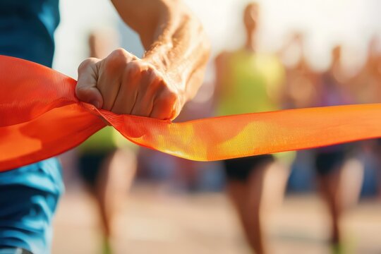 Athlete breaking finish line ribbon in a race, energetic and victorious moment.