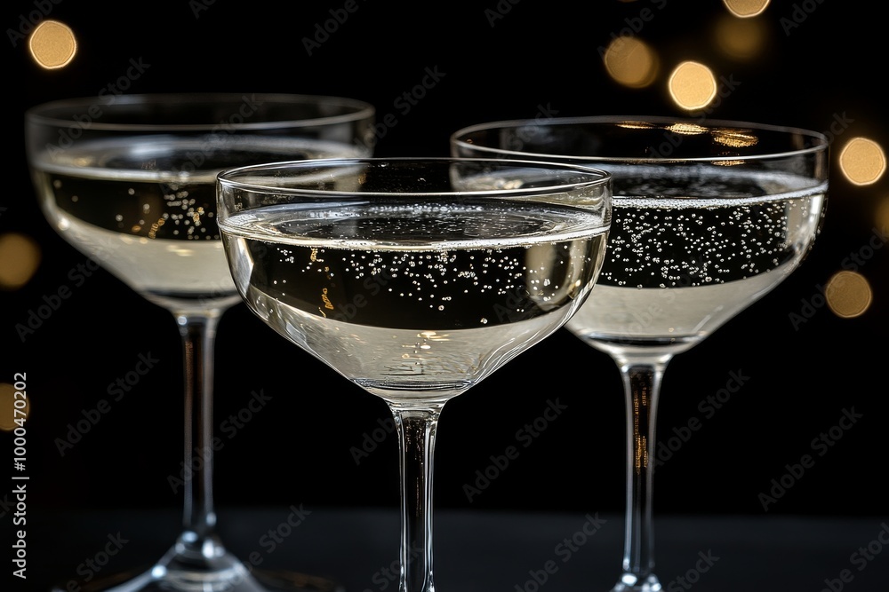 Poster three coupe glasses filled with sparkling champagne arranged in a row on a black table capturing a r