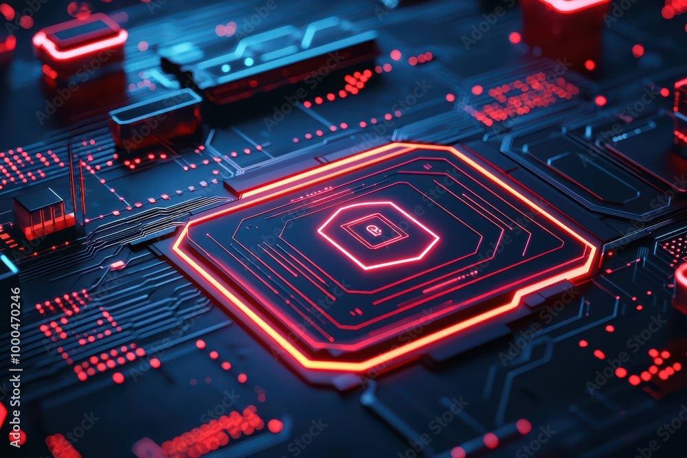 Poster close-up of a glowing microprocessor on a circuit board with red accents.