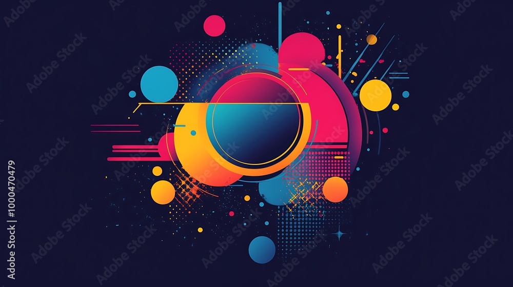 Poster abstract geometric shapes in vibrant colors on a dark background.