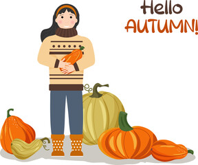 Girl and pumpkin harvest. Postcard template with inscription. Cheerful teenager holds pumpkin in hands. Ripe vegetables. Cozy autumn. Vector illustration