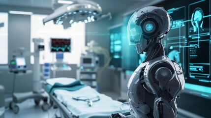 A humanoid robot stands attentively in a state-of-the-art operating room, ready for medical procedures. The image symbolizes the future of surgery, where AI and robotics play a vital role in advanced