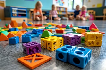 Math manipulatives like counting blocks and geometric shapes, spread out on a classroom floor, allowing young learners to engage with math in a hands-on way