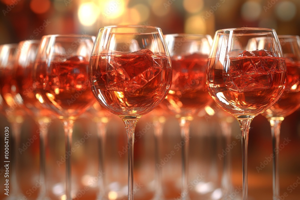 Poster close up of aperol spritz glasses arranged in a neat row on a modern reflective bar counter capturin