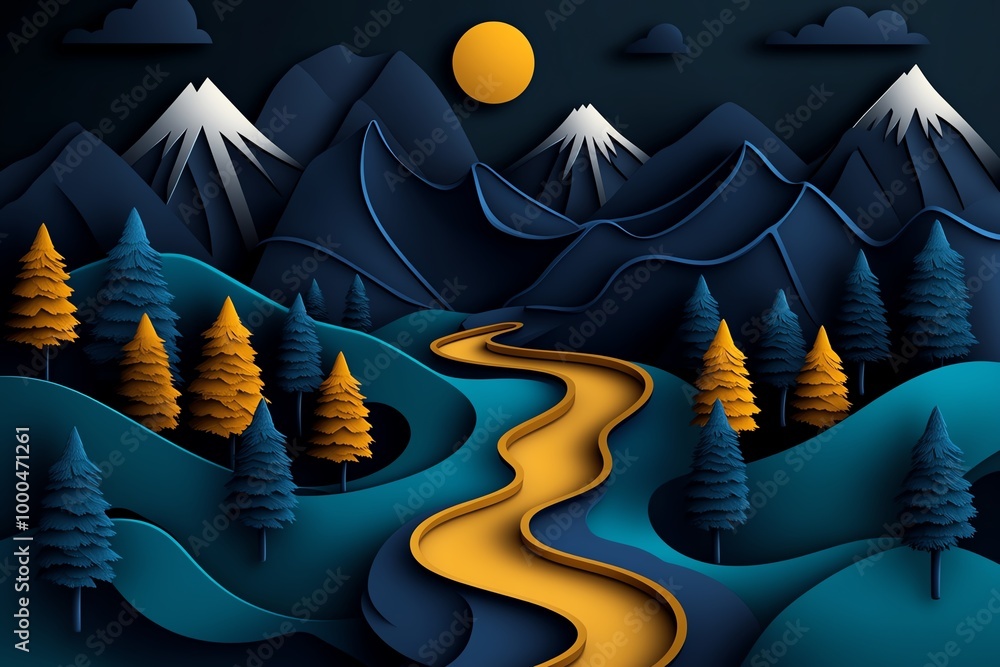 Aufkleber minimal hiking trail design, with abstract shapes representing a winding path through the woods, sur