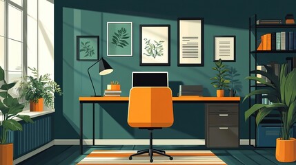 A stylish home office featuring an orange chair, desk, plants, and framed art, perfect for productivity and creativity.
