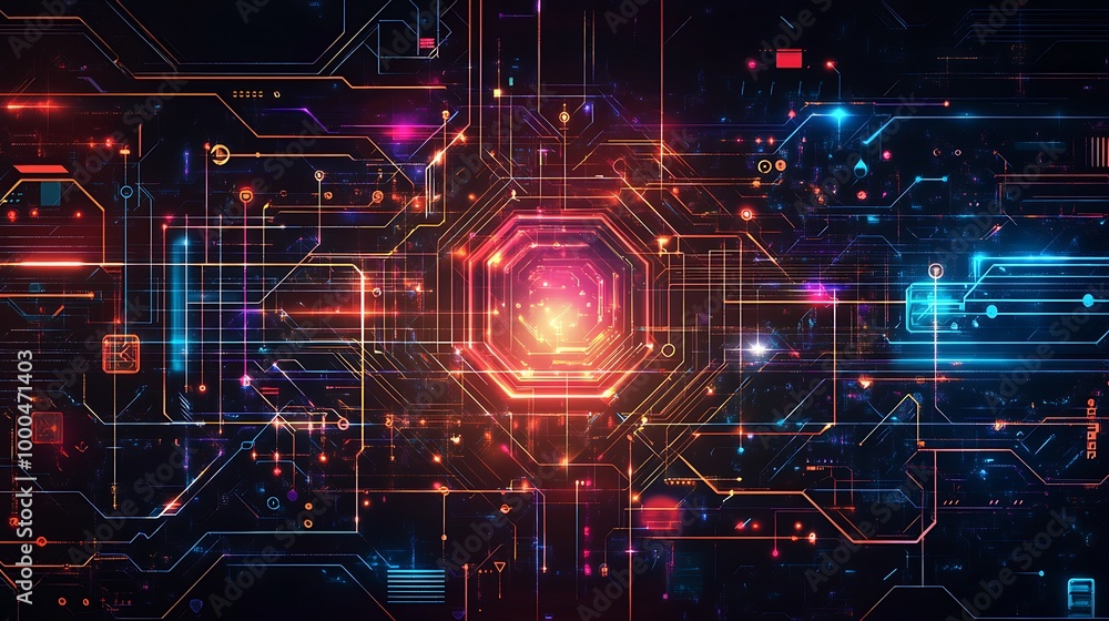 Poster Abstract glowing digital network with colorful lines and glowing center on a dark background.