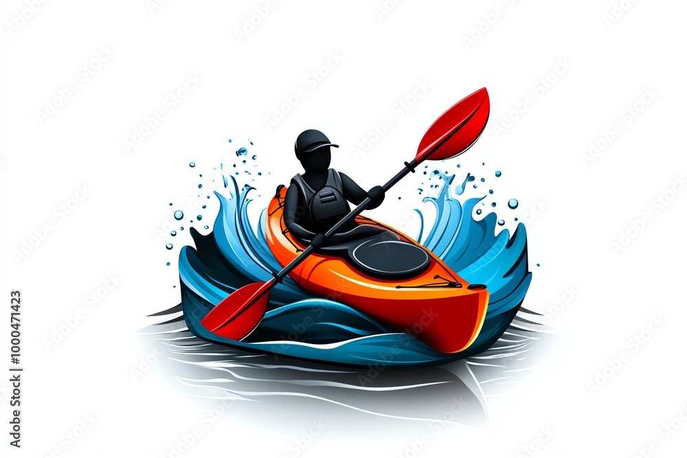 Poster minimal kayak design, using bold, clean shapes to outline a kayak and paddle, capturing the essence 