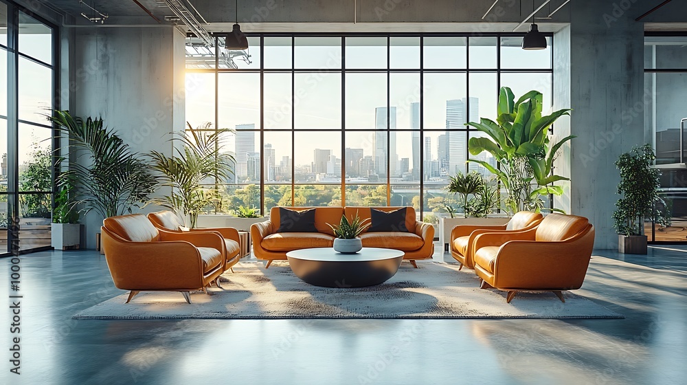 Sticker Modern living room with large windows, city view and orange leather sofas.