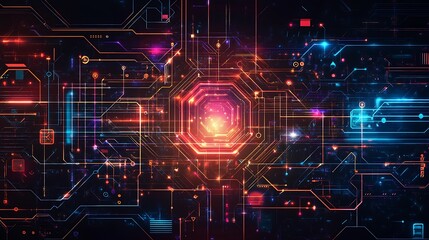 Abstract glowing digital network with colorful lines and glowing center on a dark background.