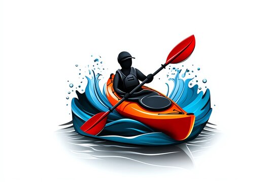 kayaker paddling orange kayak on blue waves clip art preview