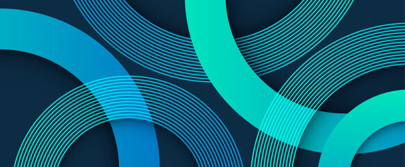 Modern abstract geometric background with shadow. Trendy blue green gradient shapes composition. Circle lines pattern. Minimal geometric design. Vector illustration