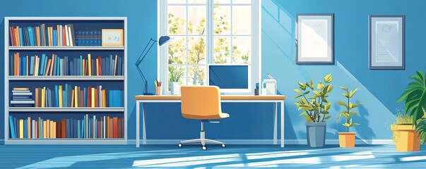 A cozy and bright home office with a blue theme, featuring a desk, chair, plants, and shelves filled with books.