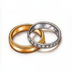 Elegant gold and silver wedding rings, white isolated background