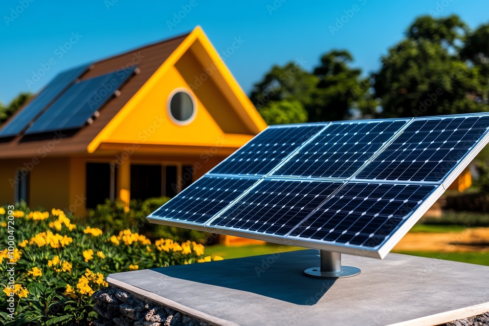 Poster minimal solar panel and house icon, with bold, simple lines showing the integration of renewable ene
