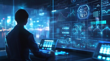 A man in a dark control room analyzing data displayed on numerous high-tech screens. The soft blue and purple light creates a futuristic ambiance, ideal for technology and data management themes.