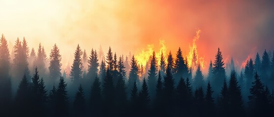 Forest fire with smoke, vibrant flames behind silhouettes of tall trees.