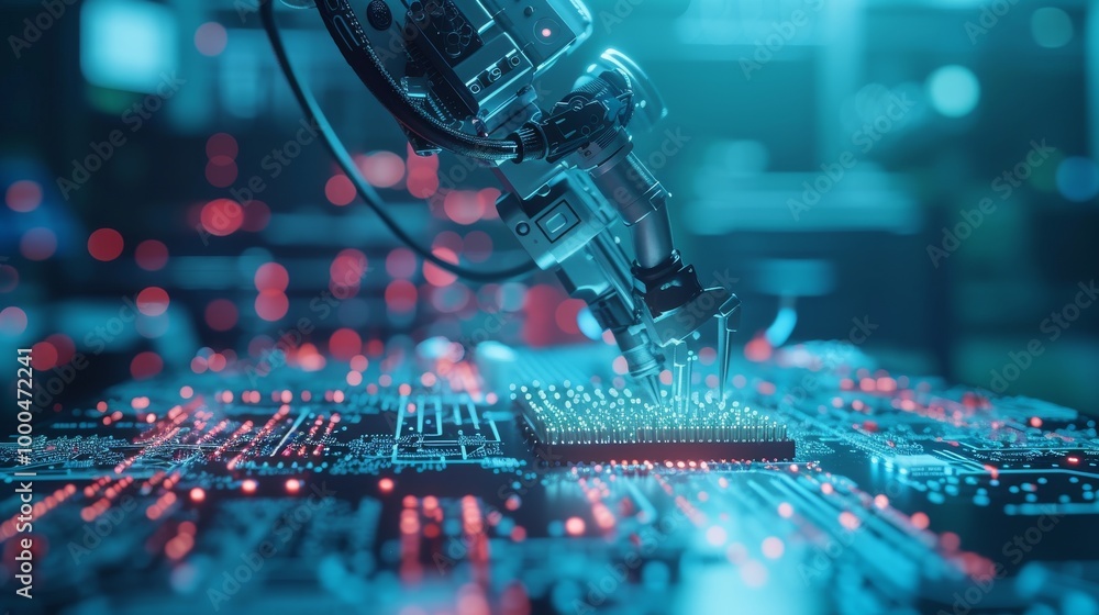 Aufkleber a detailed robotic arm assembles a complex circuit board in a futuristic laboratory. the scene is ba