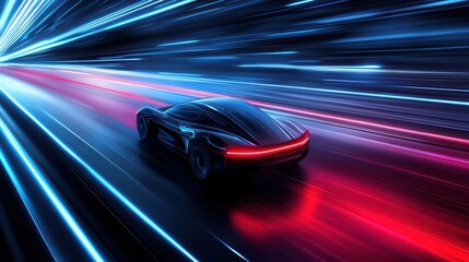 Futuristic car in motion with vibrant blue and red light trails.