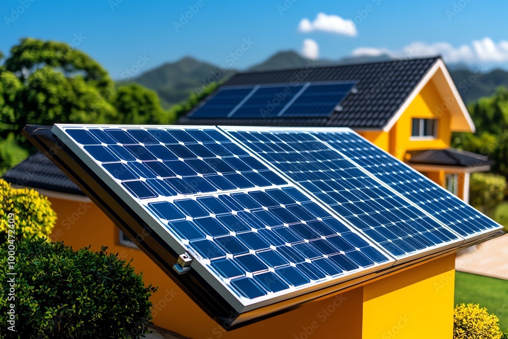 Poster minimal solar panel and house icon, with bold, simple lines showing the integration of renewable ene