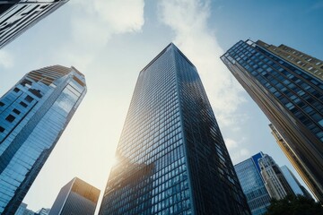 Fototapeta premium Skyscape photography of tall city buildings, featuring cinematic lighting and angles under a bright blue sky. The interplay of sunlight and shadow creates a balanced white tone, making this image suit