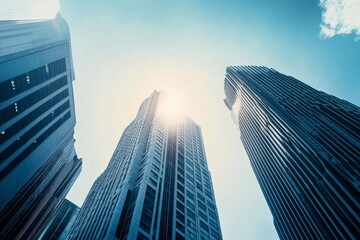 Fototapeta premium Skyscape photography of tall city buildings, featuring cinematic lighting and angles under a bright blue sky. The interplay of sunlight and shadow creates a balanced white tone, making this image suit