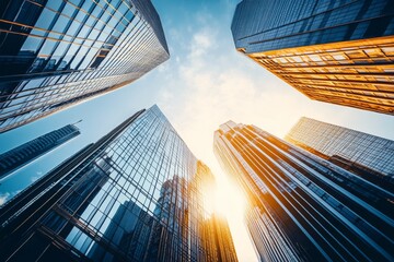 Skyscape photography of tall city buildings, featuring cinematic lighting and angles under a bright blue sky. The interplay of sunlight and shadow creates a balanced white tone, making this image suit